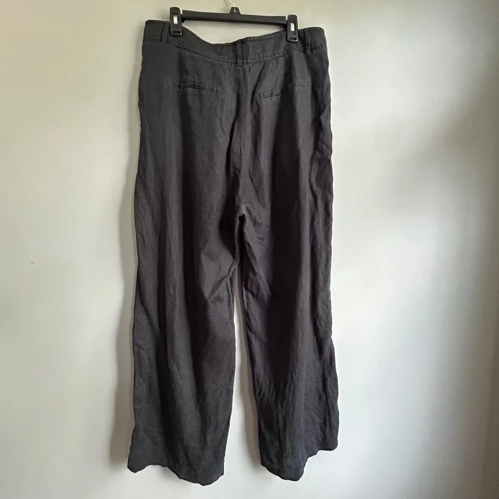 Everlane Way-High Drape Pant Black 100% Linen Wide Leg Pleated Trouser Size 16